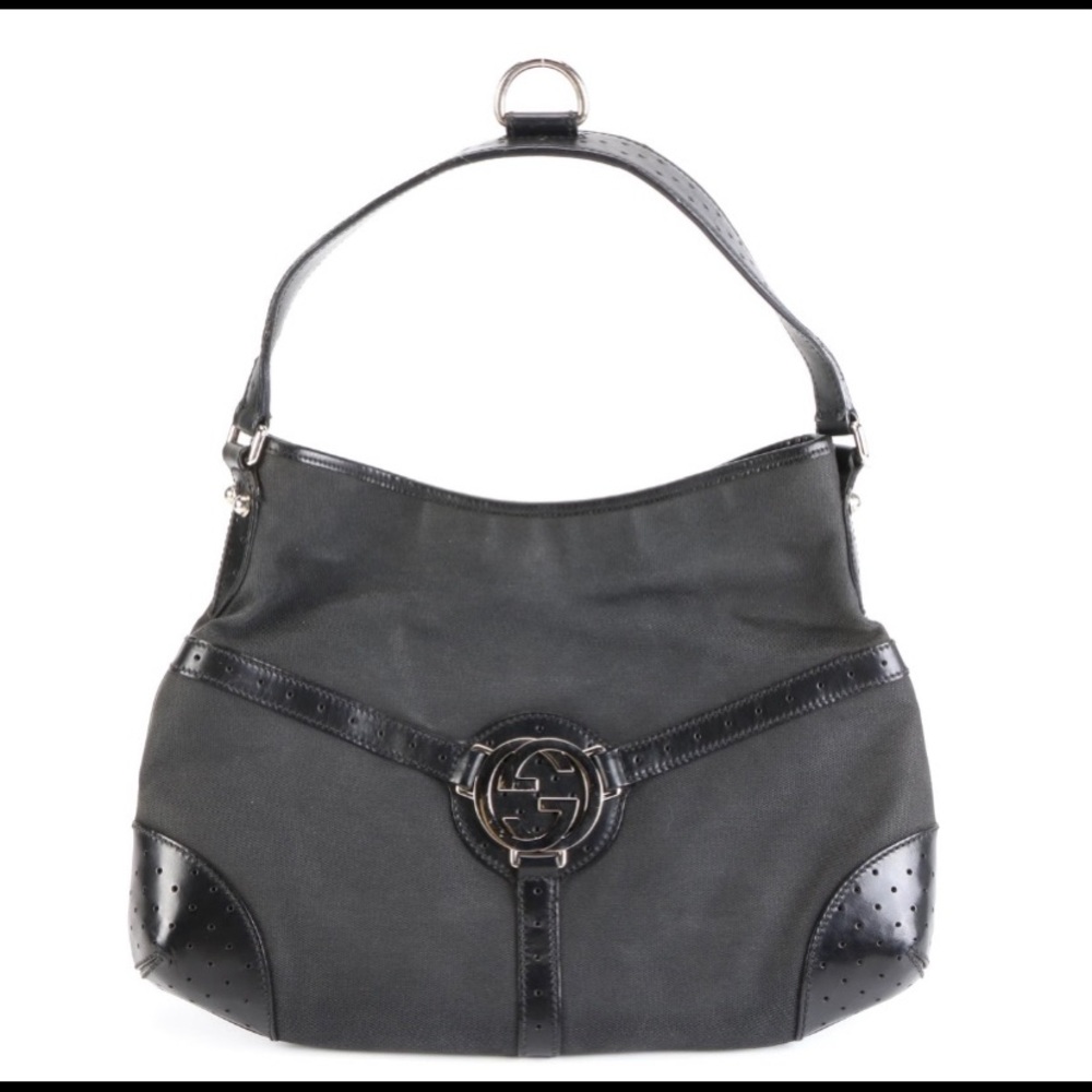 Gucci GG Logo Black Canvas &Perforated Leather Bag